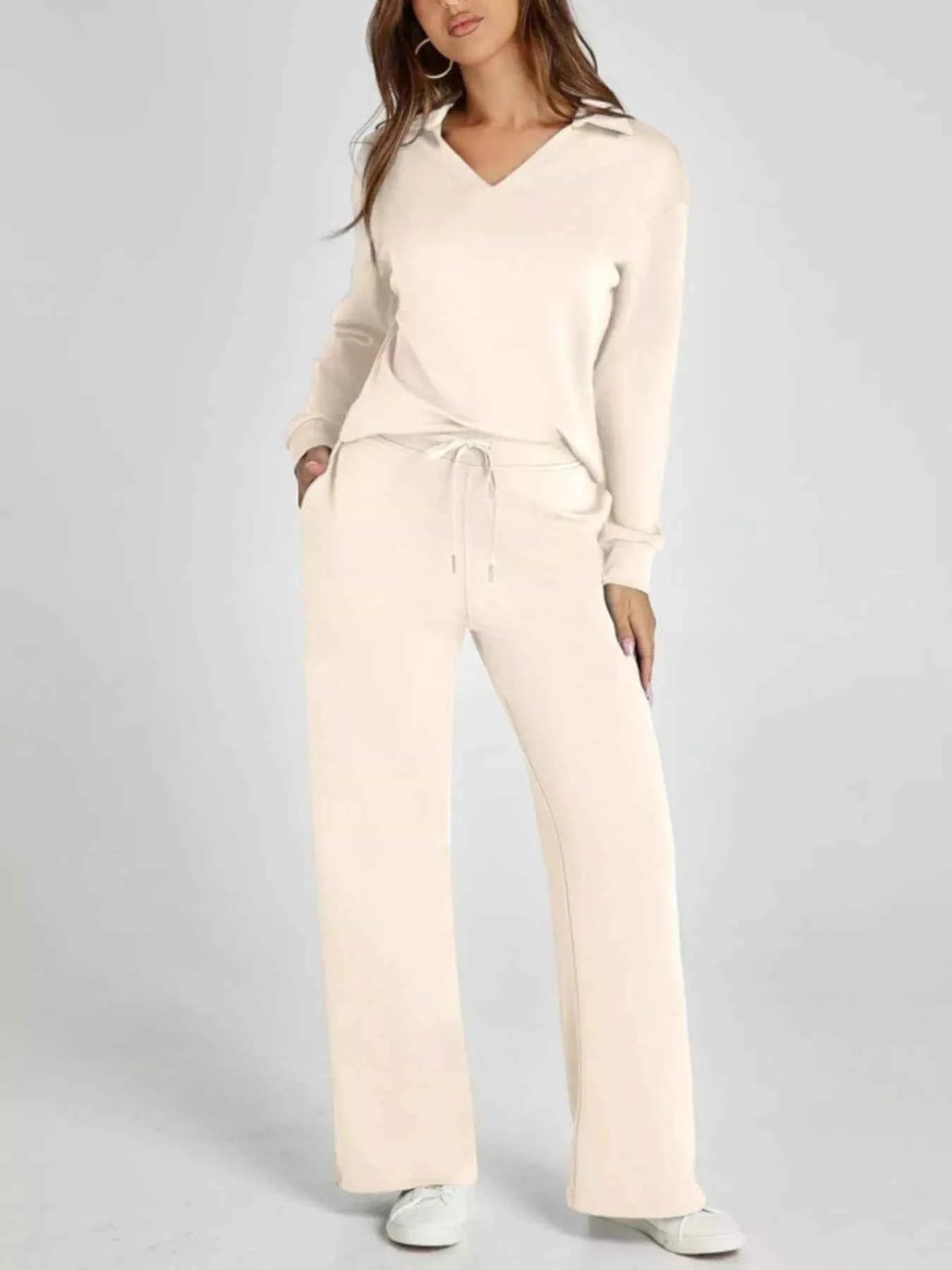 Full Size Johnny Collar Long Sleeve Top and Pants Plus Size