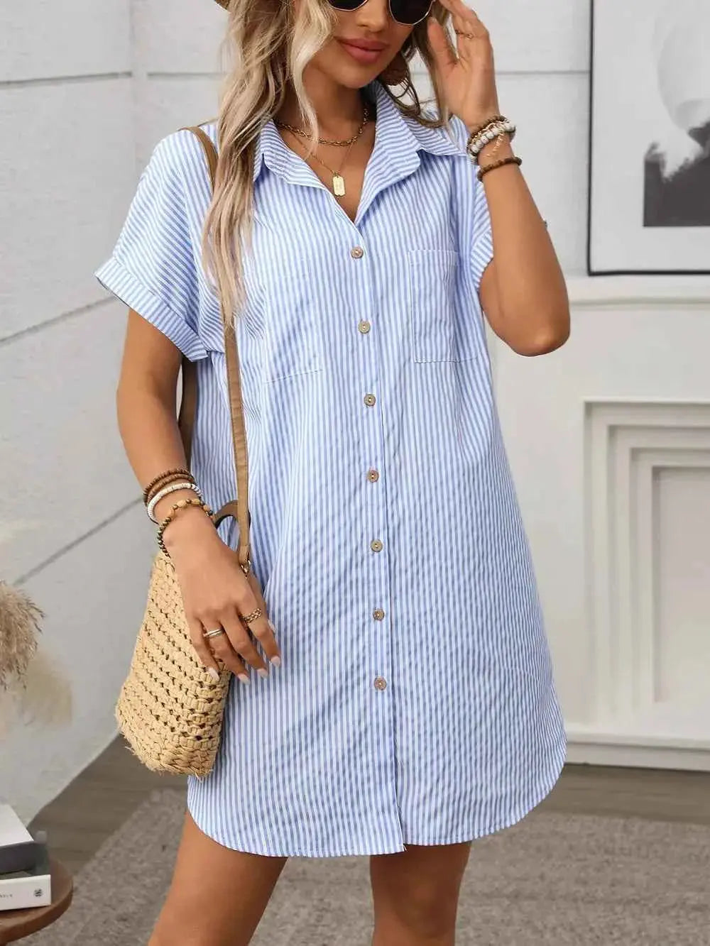 Striped Button Down Short Sleeve Mini Dress.