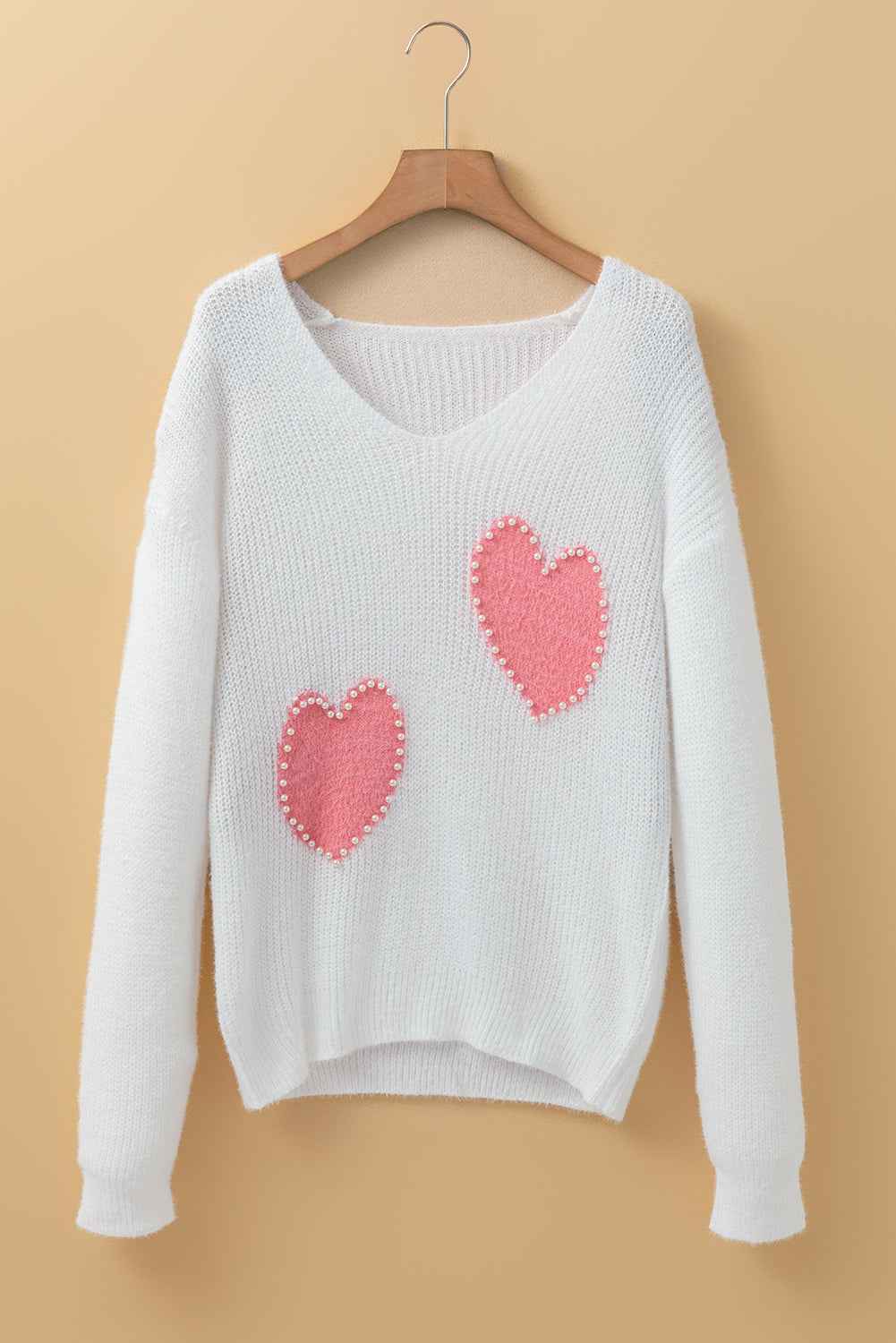 White Pearl Beaded Heart Pattern Fuzzy V Neck Sweater