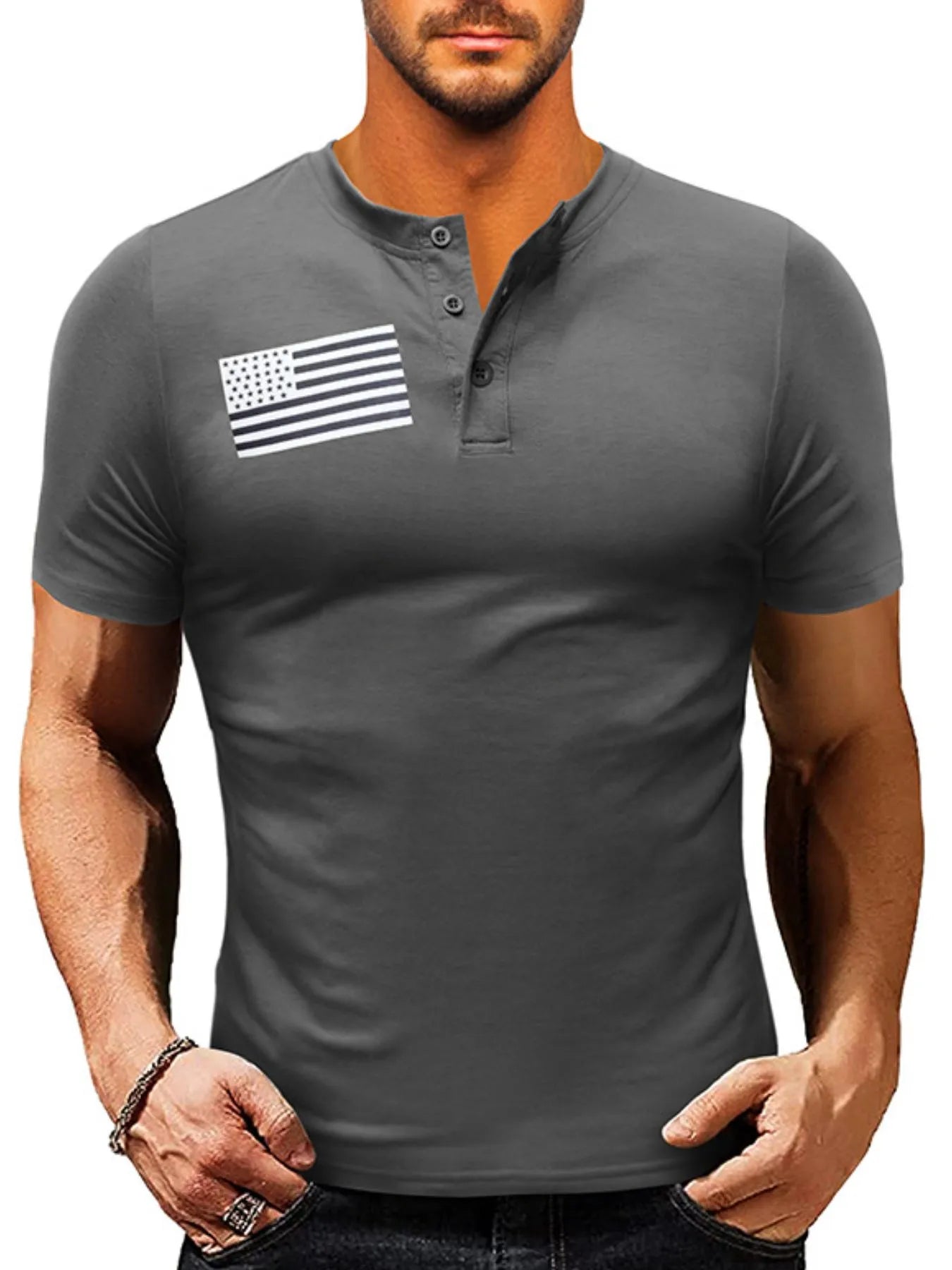 American Flag Short Sleeve Henley Top for men.