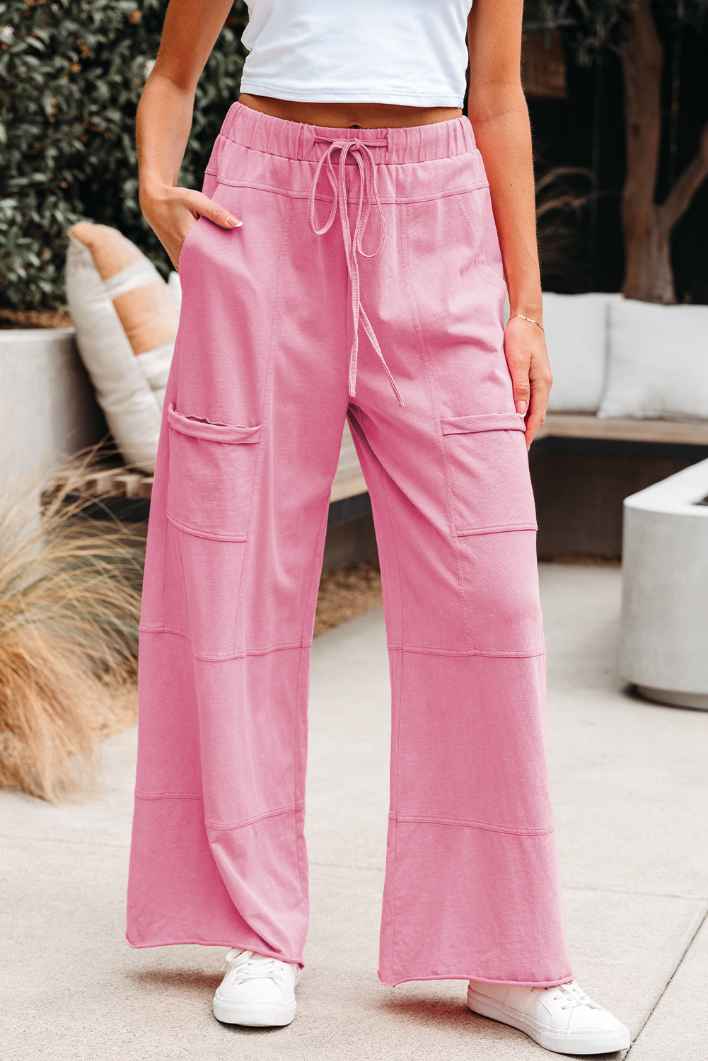 Bonbon Mineral Wash Exposed Seam Drawstring Elastic Waistband Wide Leg Cargo Pants Dear-Lover Dropshipping