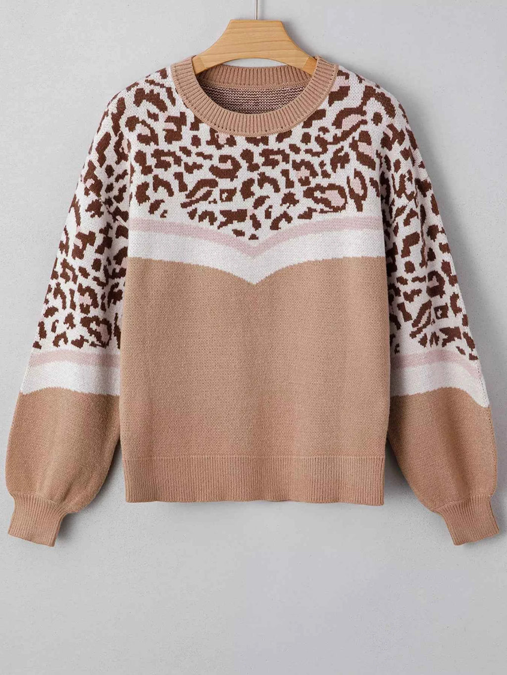 Leopard Color Block Knit Round Neck Baggy Sweater