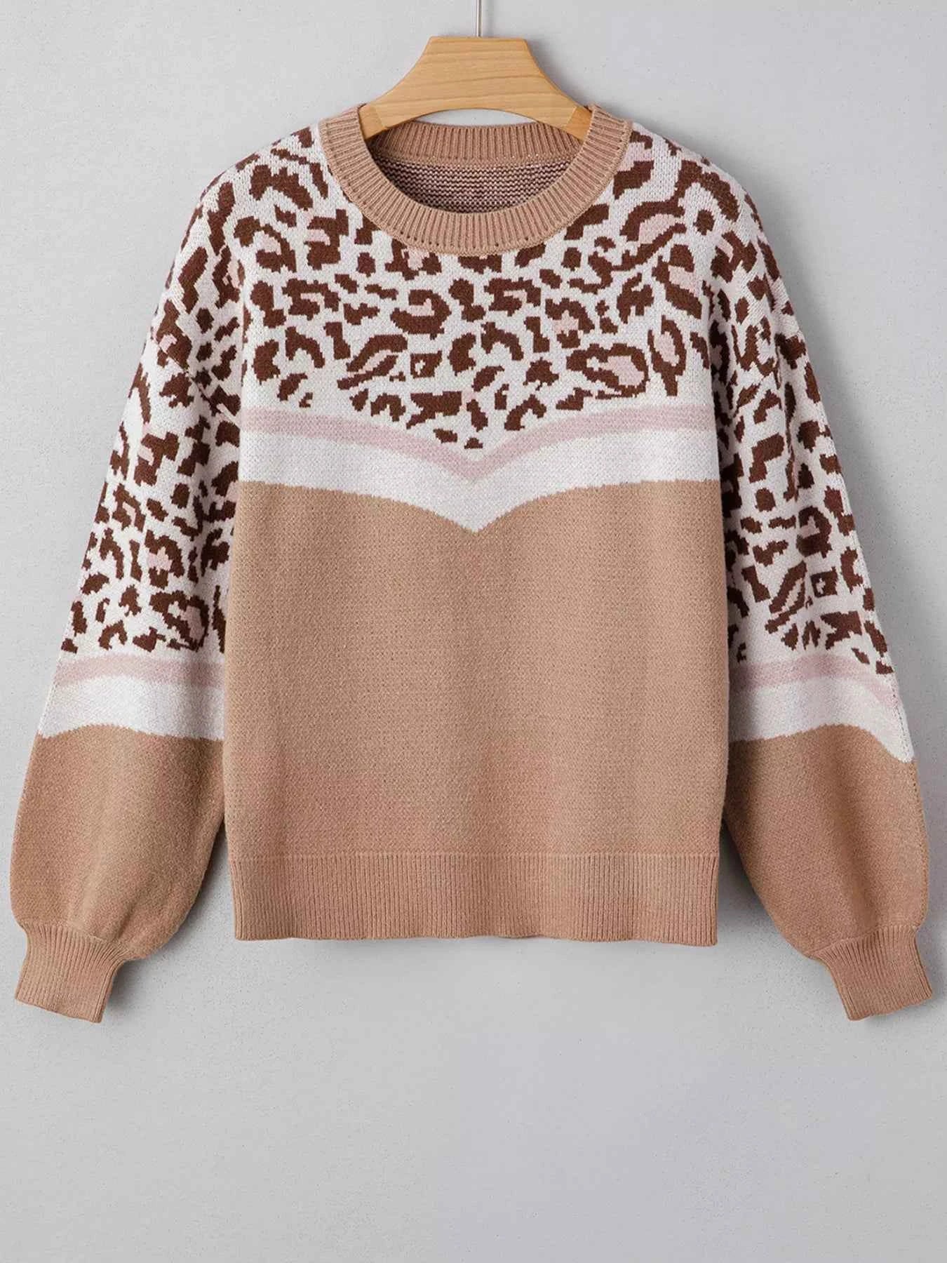 Leopard Color Block Knit Round Neck Baggy Sweater