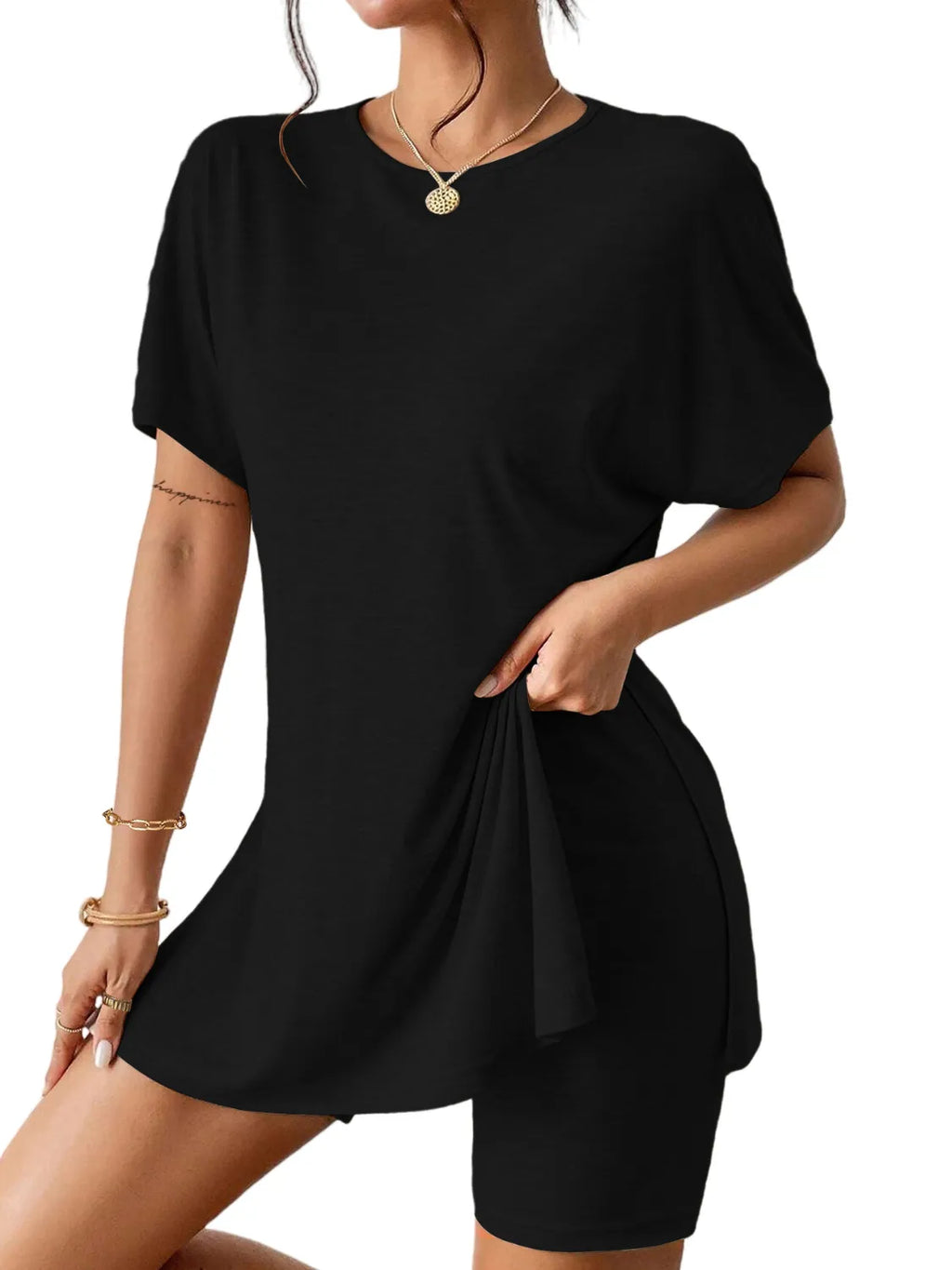 Slit Round Neck Short Sleeve Oversized Top and Shorts Set.