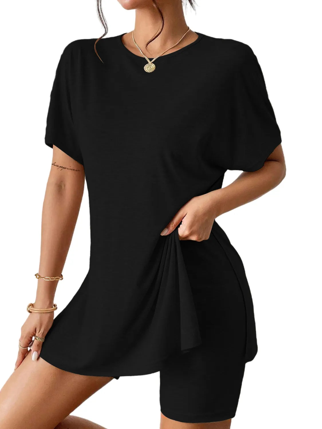 Slit Round Neck Short Sleeve Oversized Top and Shorts Set.