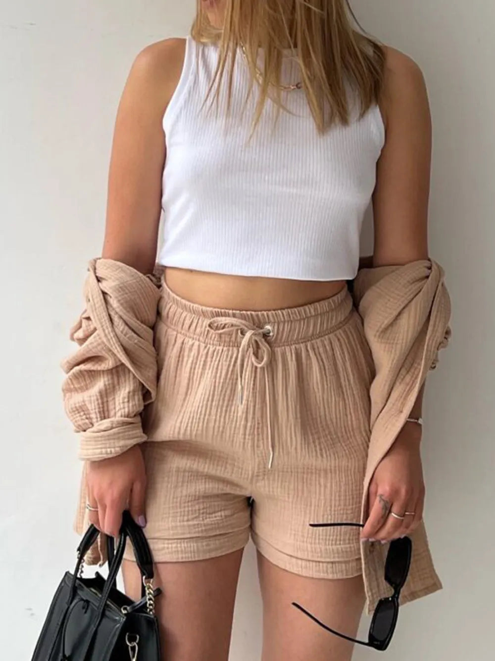 Texture Button Up Shirt and Drawstring Shorts Set - CHIC TB