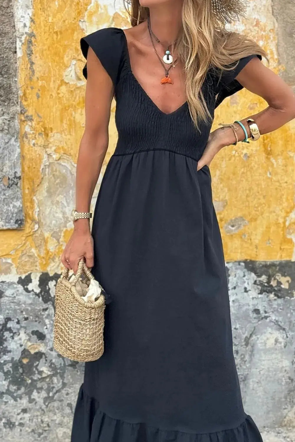 V Neck Ruffled Cap Sleeve Smocked Maxi Dress.