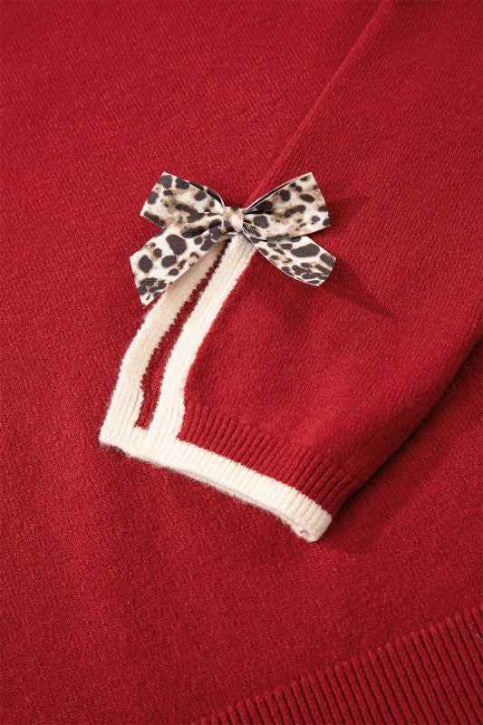 Leopard Bow Split Cuff Contrast Trim Sweater