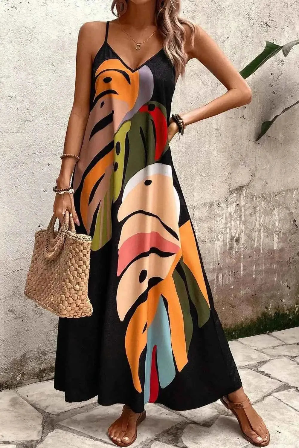 Tropical Leaf Print V-Neck Maxi Cami Dress.