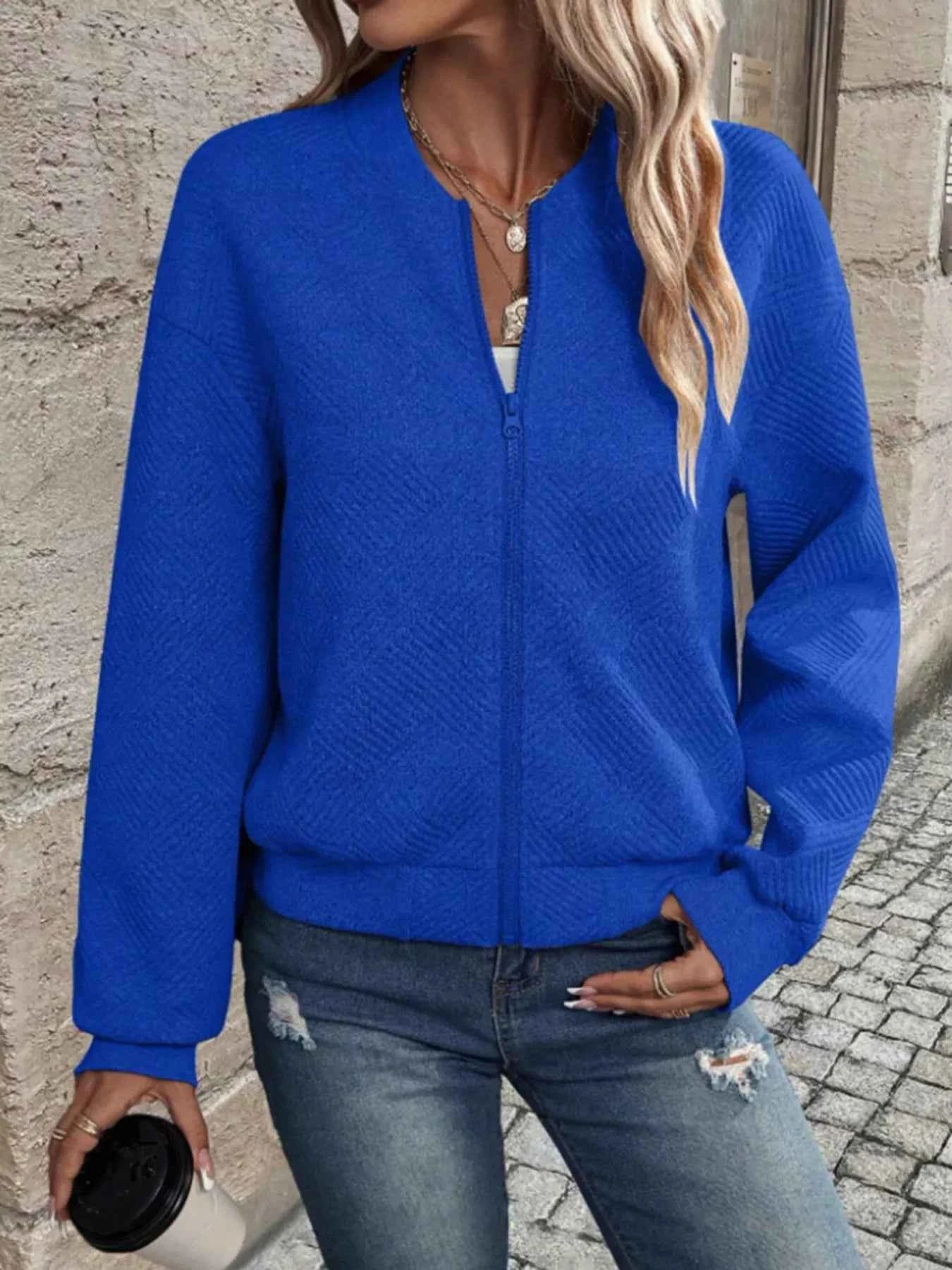 Textured Knit Zip-Up Bomber Jacket