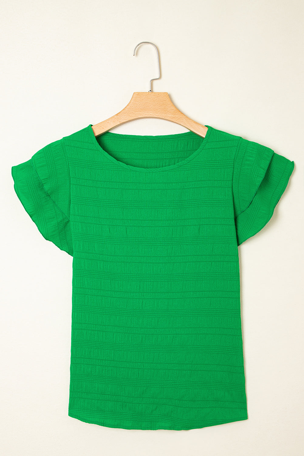Dark Green Textured Ruffled Sleeve Round Neck Top Dear-Lover Dropshipping