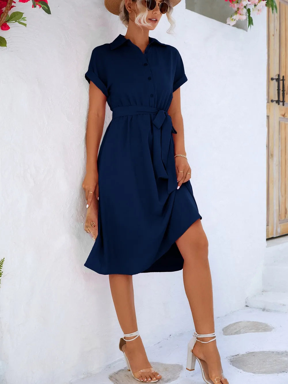 Buttoned Tie Waist Short Sleeve Dress.