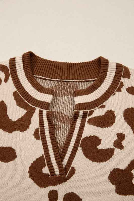 Leopard Knit V-Neck Sweater