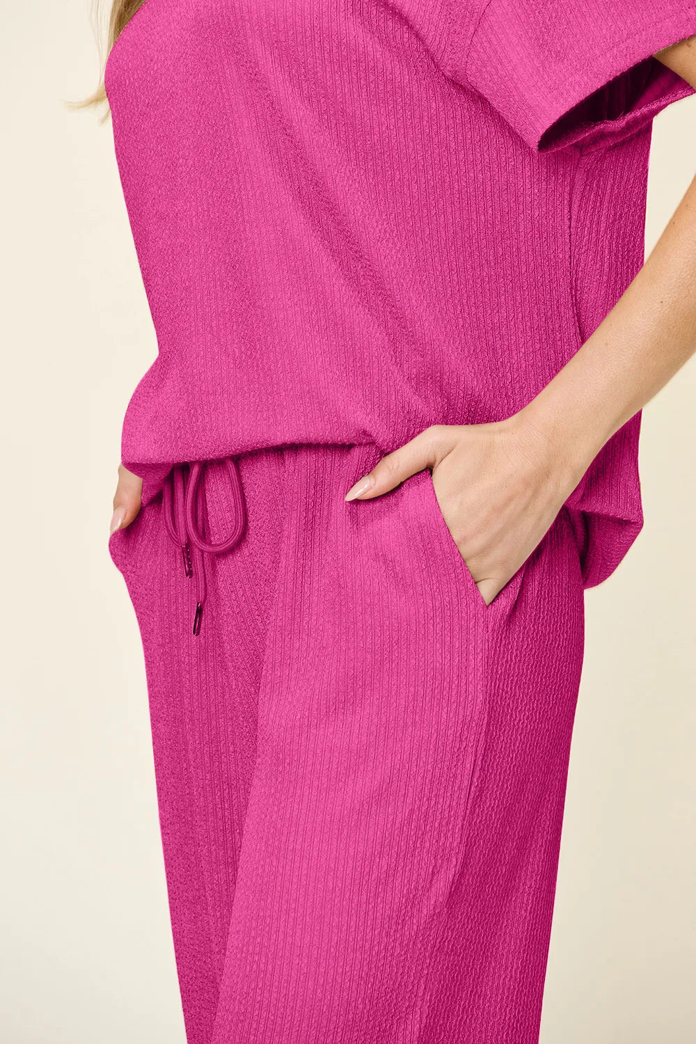 Double Take Full Size Texture Round Neck Short Sleeve T-Shirt and Wide Leg Pants - CHIC TB