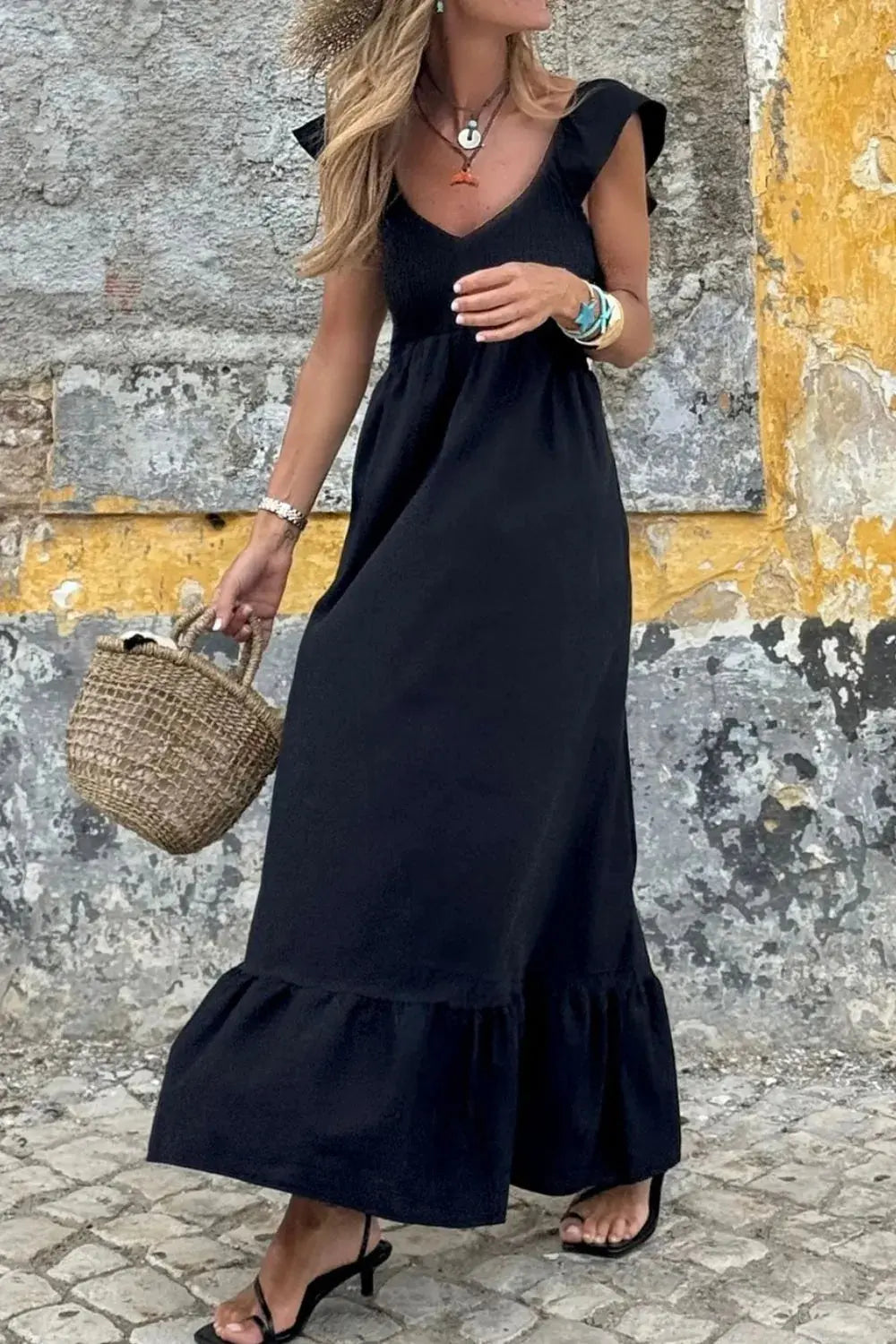 V Neck Ruffled Cap Sleeve Smocked Maxi Dress.