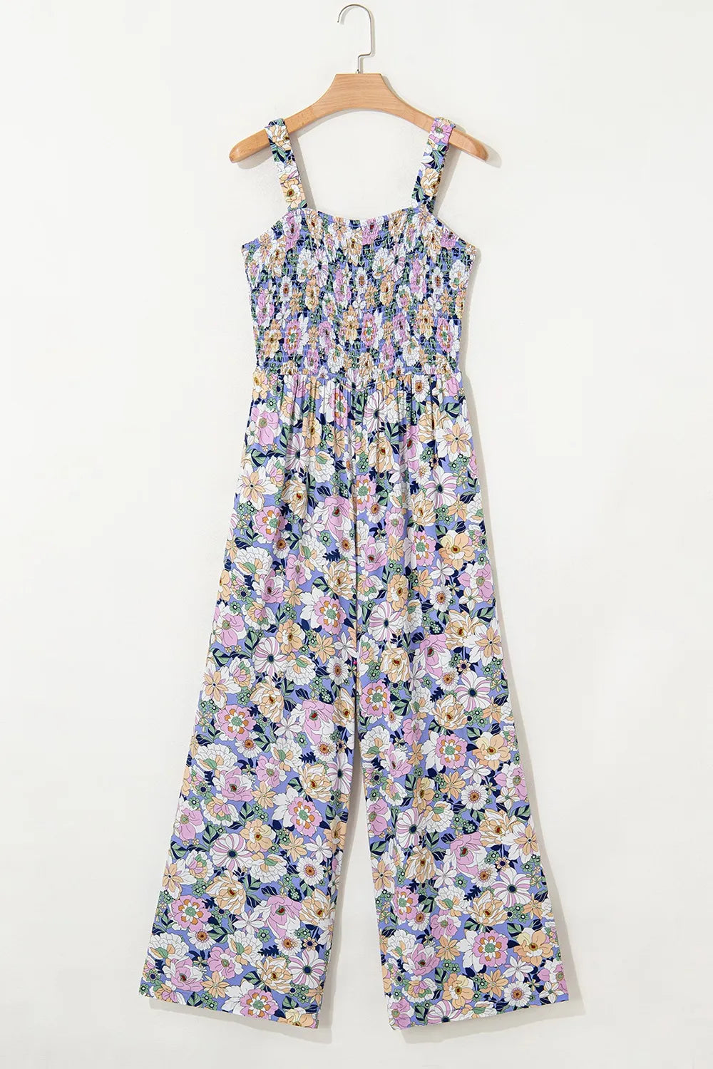 Floral Print Smocked High Waist Square Neck Jumpsuit.