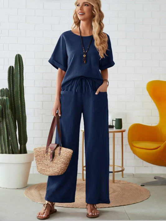 Round Neck Half Sleeve Top and Pocketed Pants Set - CHIC TB