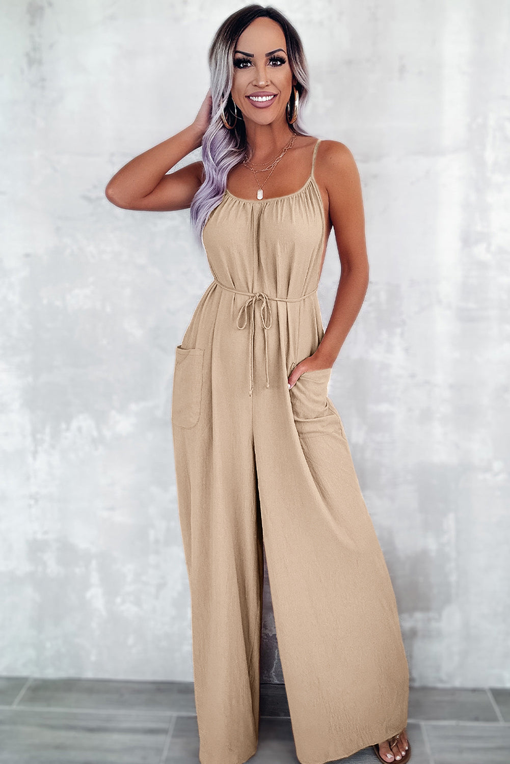Apricot Spaghetti Straps Waist Tie Wide Leg Jumpsuit with Pockets Dear-Lover Dropshipping