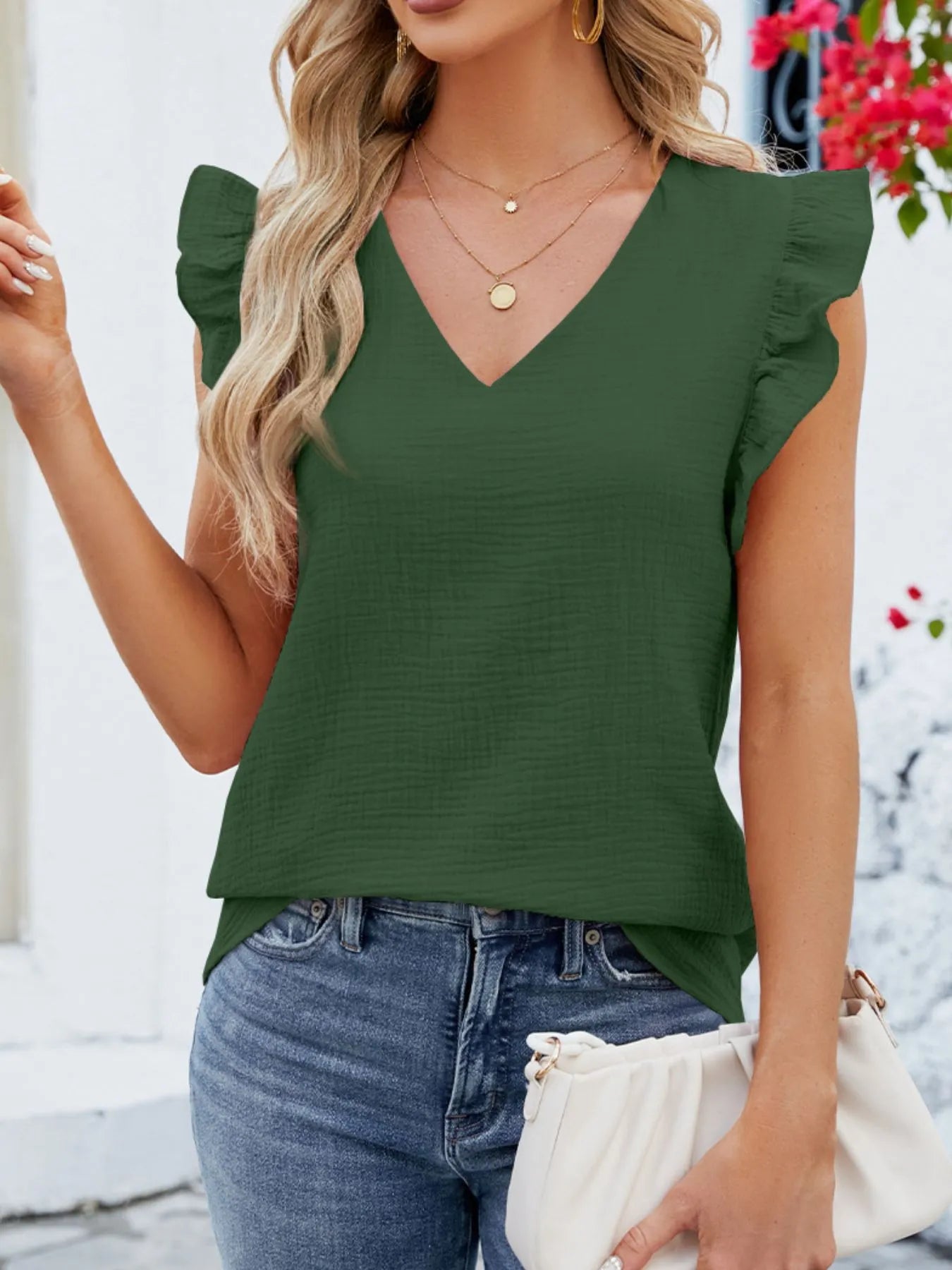 V-Neck Ruffled Sleeve Top.