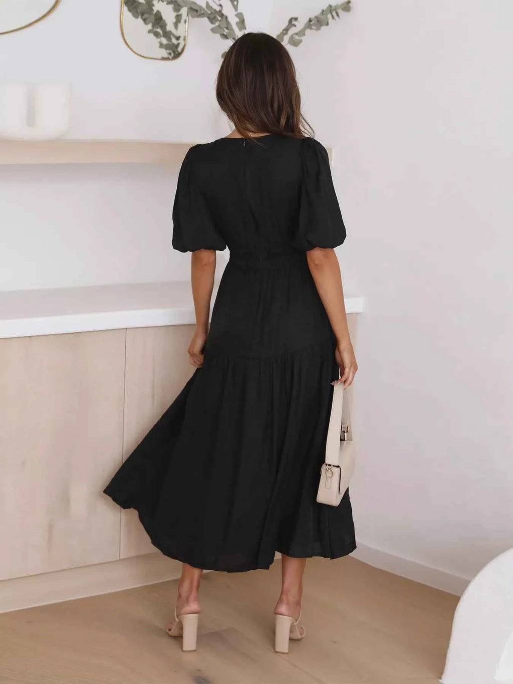 Tiered Puff Sleeve Midi Dress