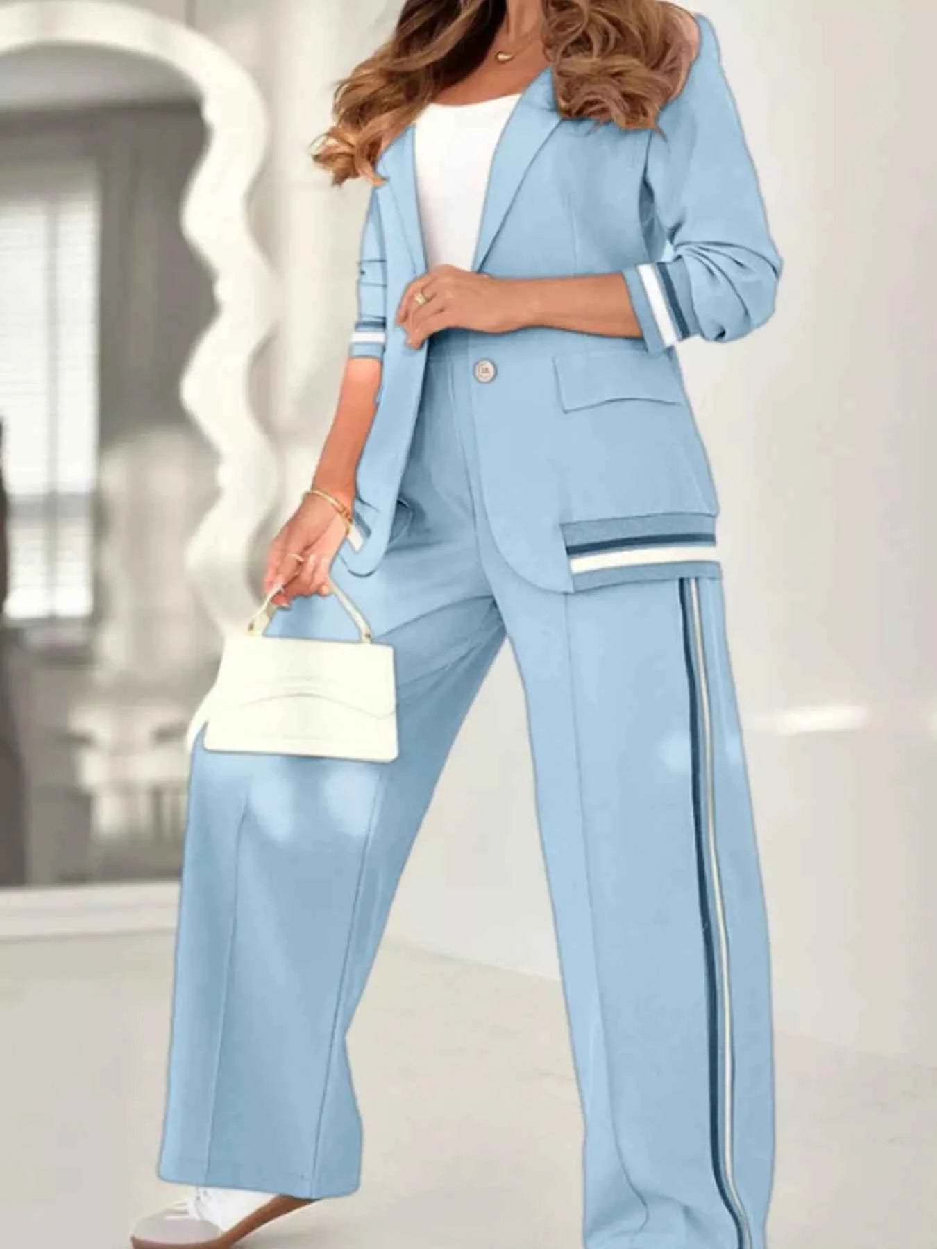 Full Size Striped Trim Button Down Jacket and Pants Set Plus Size