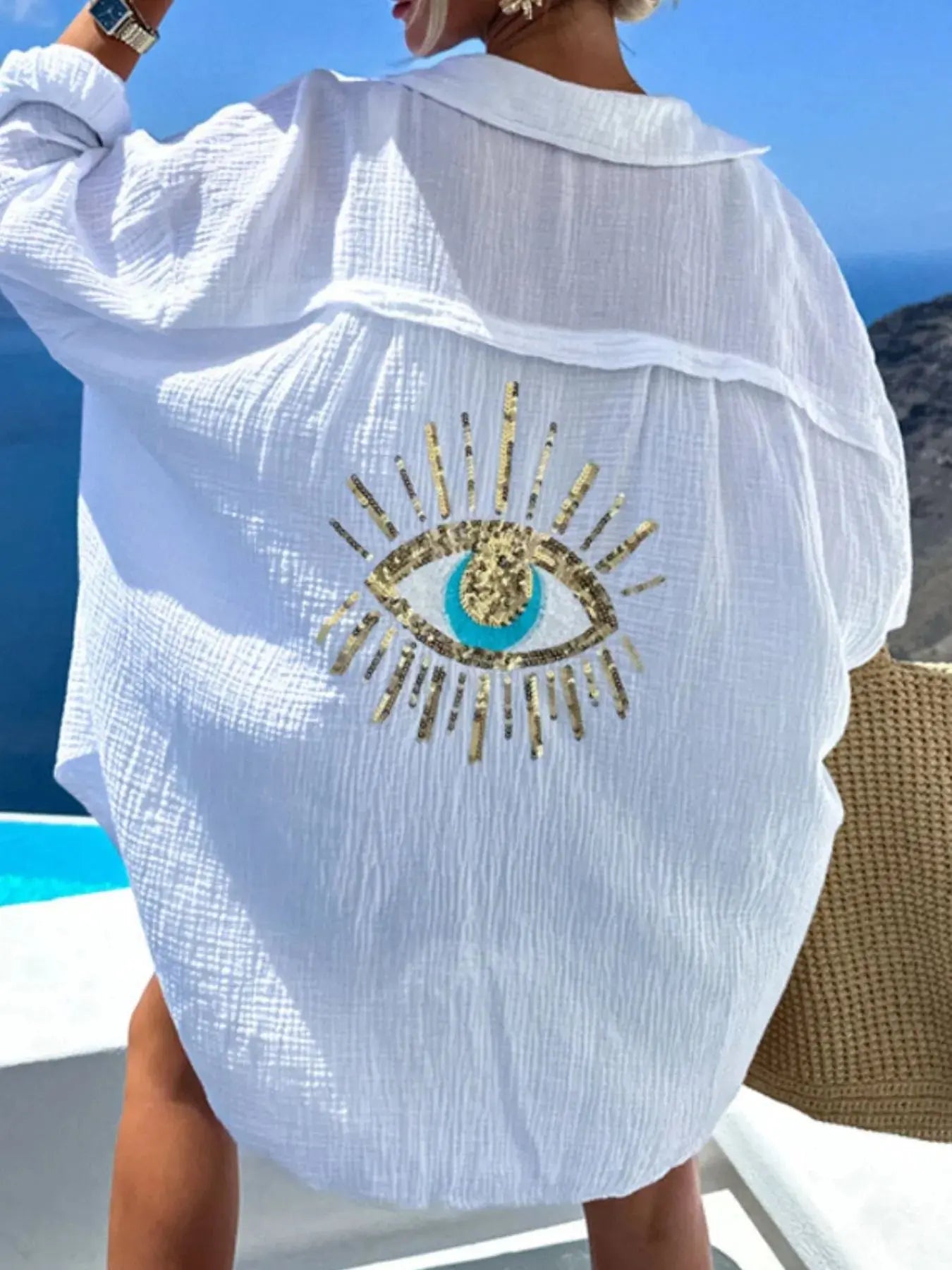 Evil Eye Embroidered Oversized Shirt.