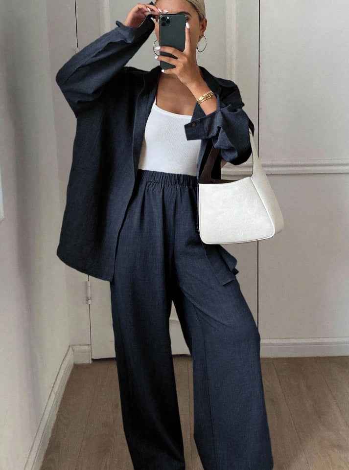 Womens Solid-Color Casual Loose Cotton-Linen Long-Sleeve Shirt And Pants Set
