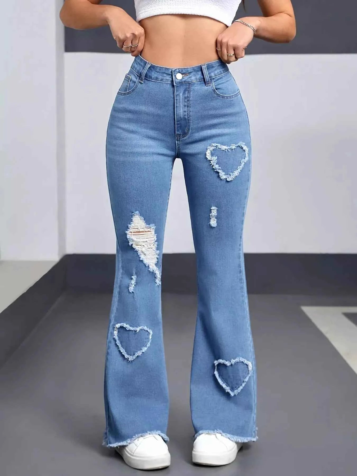 Heart Distressed Flare Jeans