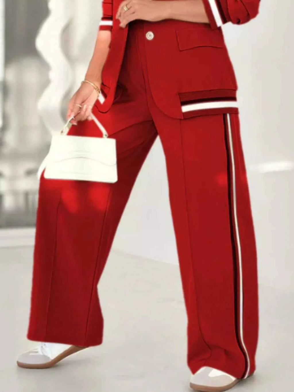 Full Size Striped Trim Button Down Jacket and Pants Set Plus Size