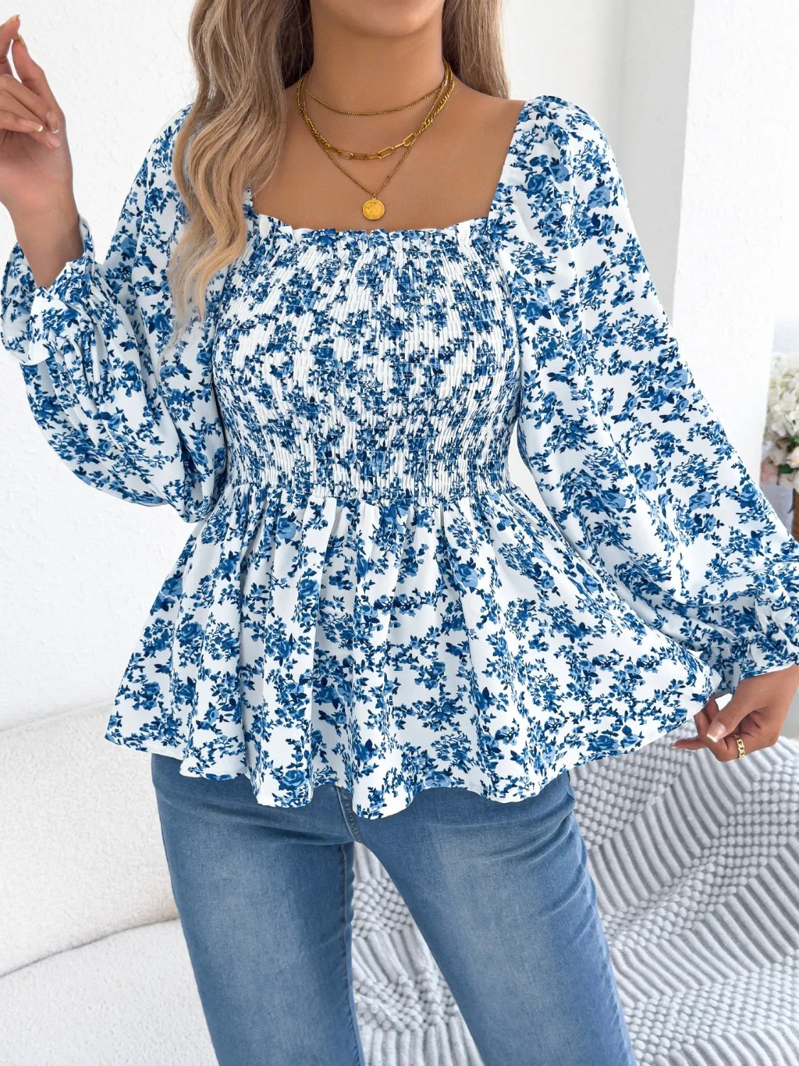 Floral Square Neck Flounce Sleeve Blouse.