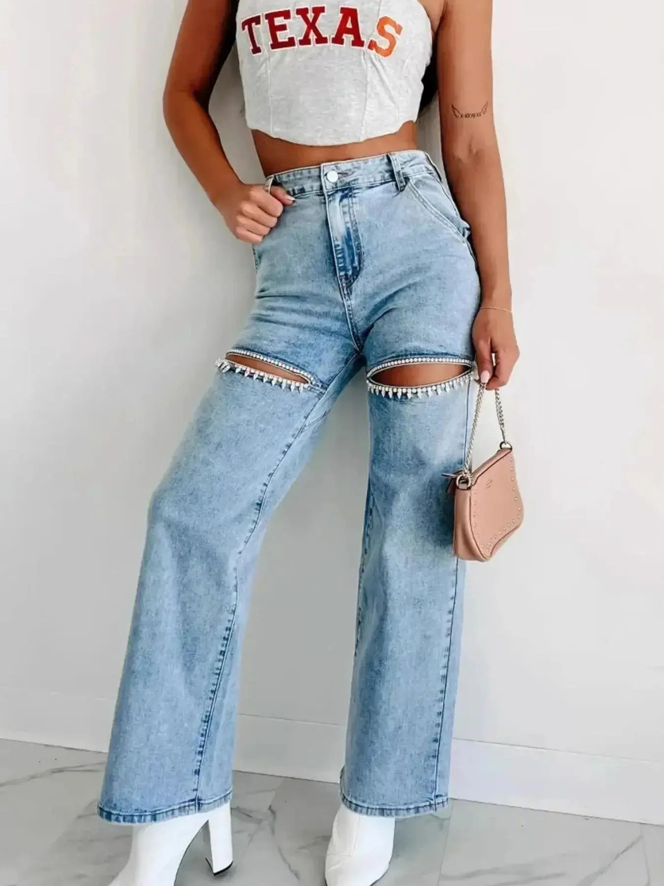 High Waist Cut-Out Wide Leg Jeans.