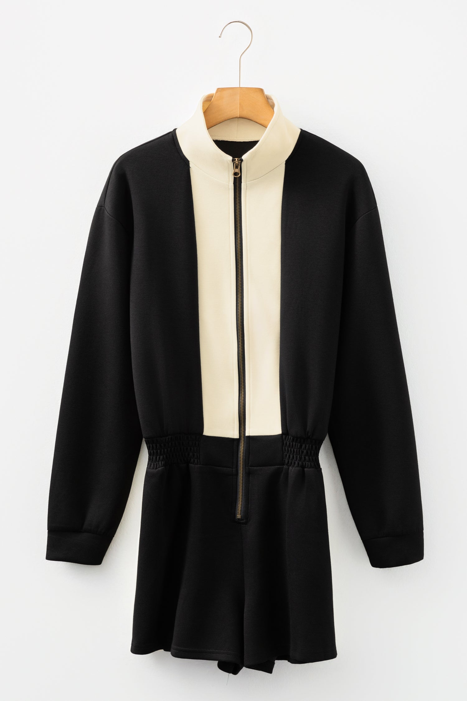Black Two-tone Long Sleeve Zipped Front Casual Romper