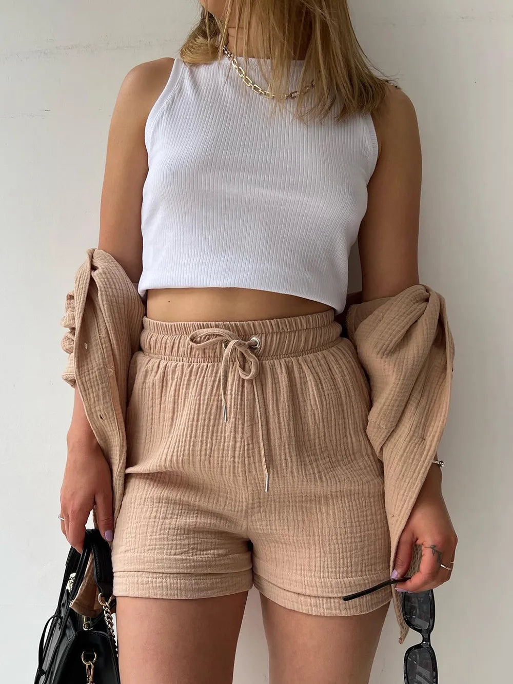 Texture Button Up Shirt and Drawstring Shorts Set - CHIC TB