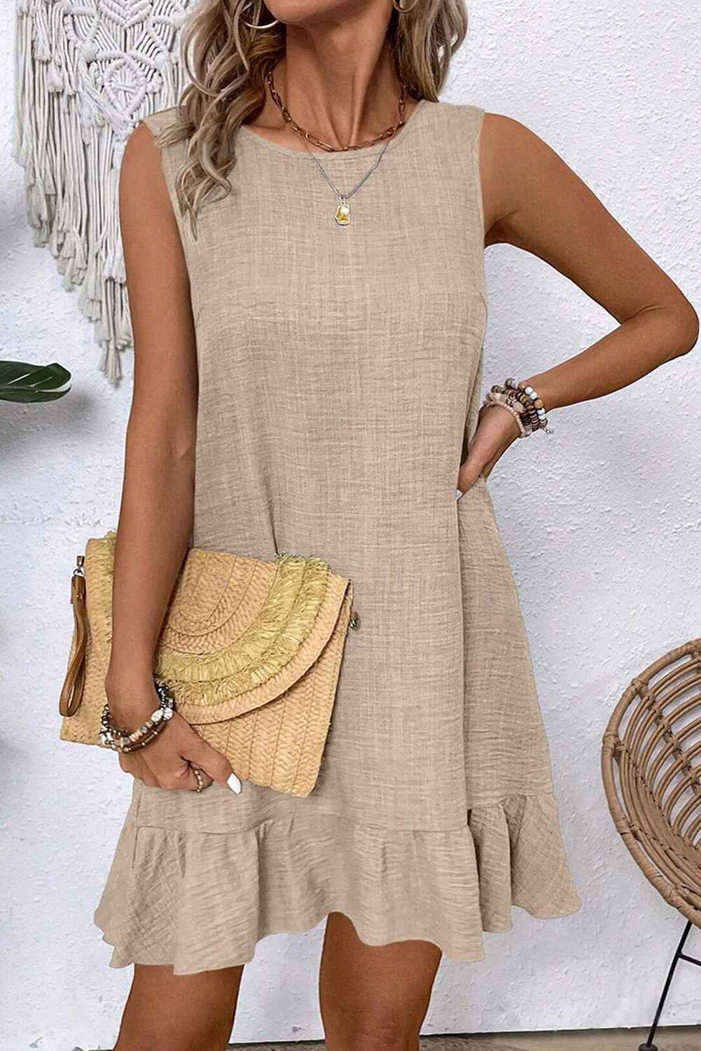 Smoke Gray Knot Scoop Back Ruffle Hem Sleeveless Mini Dress