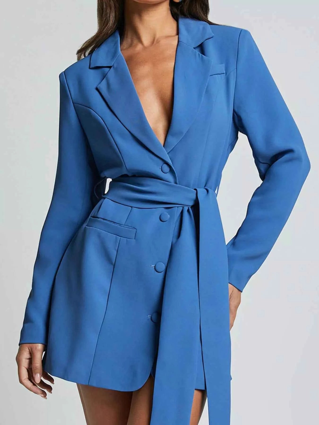 Lapel Collar Tie Waist Blazer