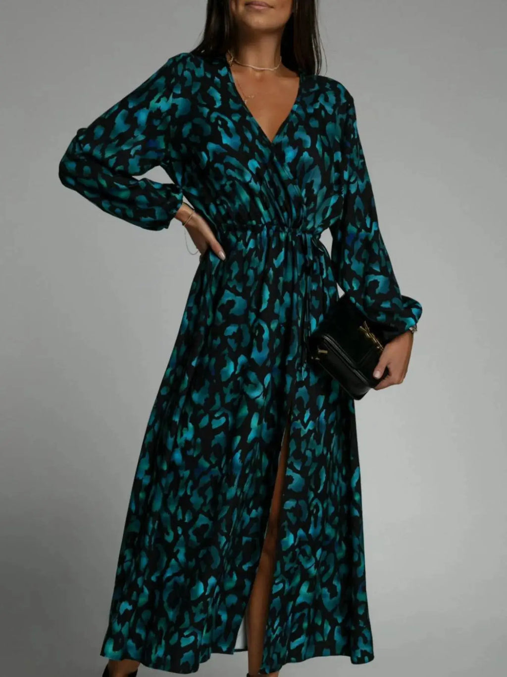 Printed Surplice Long Sleeve Midi Dress.
