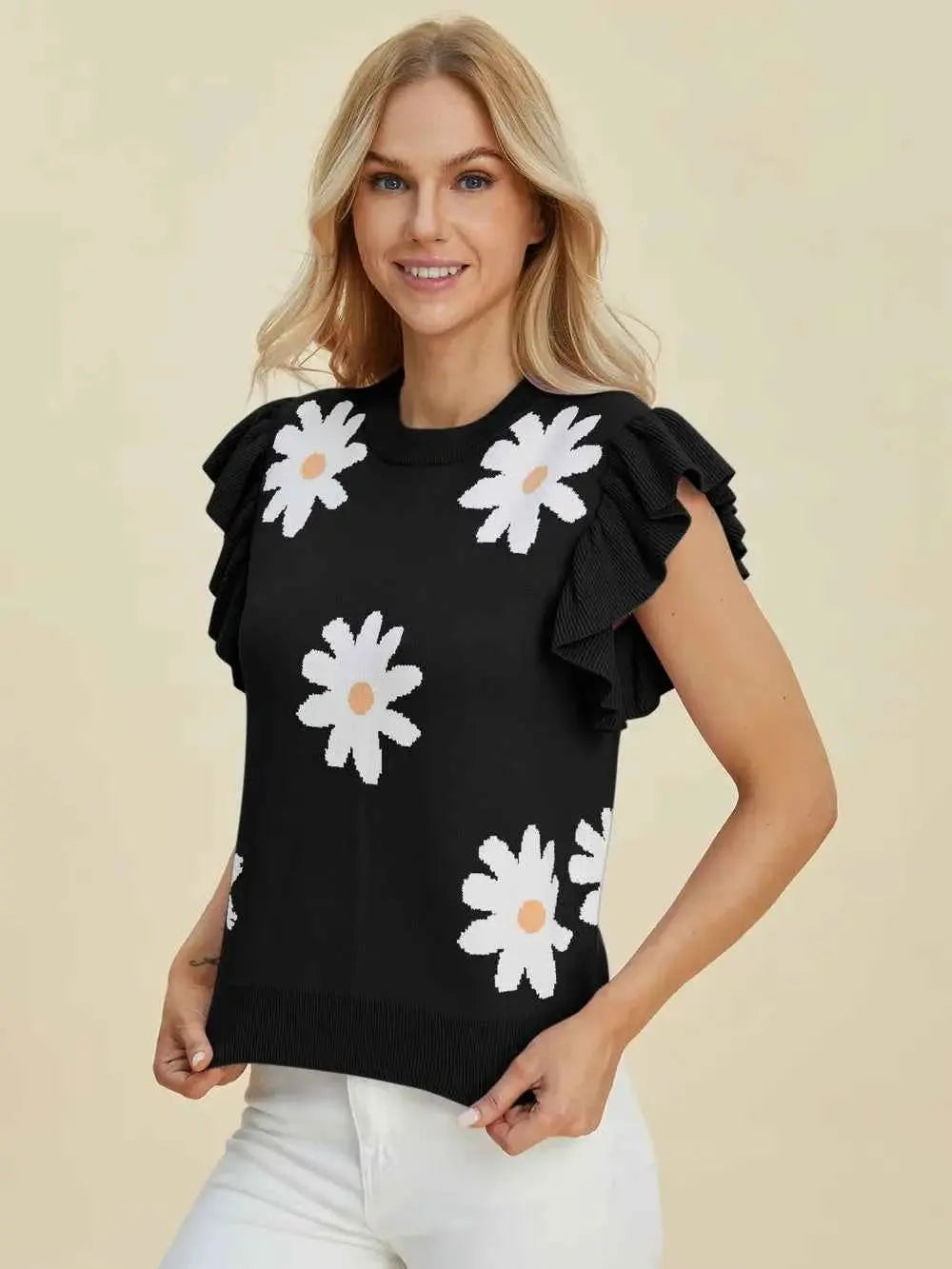 Ruffled Flower Round Neck Cap Sleeve Sweater.