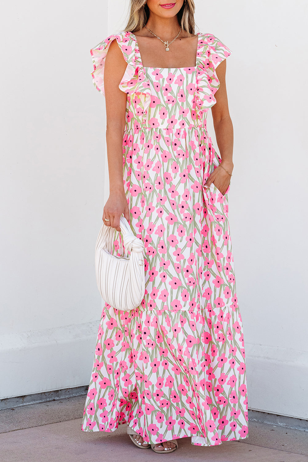 Pink Floral Print Square Neck Ruffled Strap Maxi Dress Dear-Lover Dropshipping