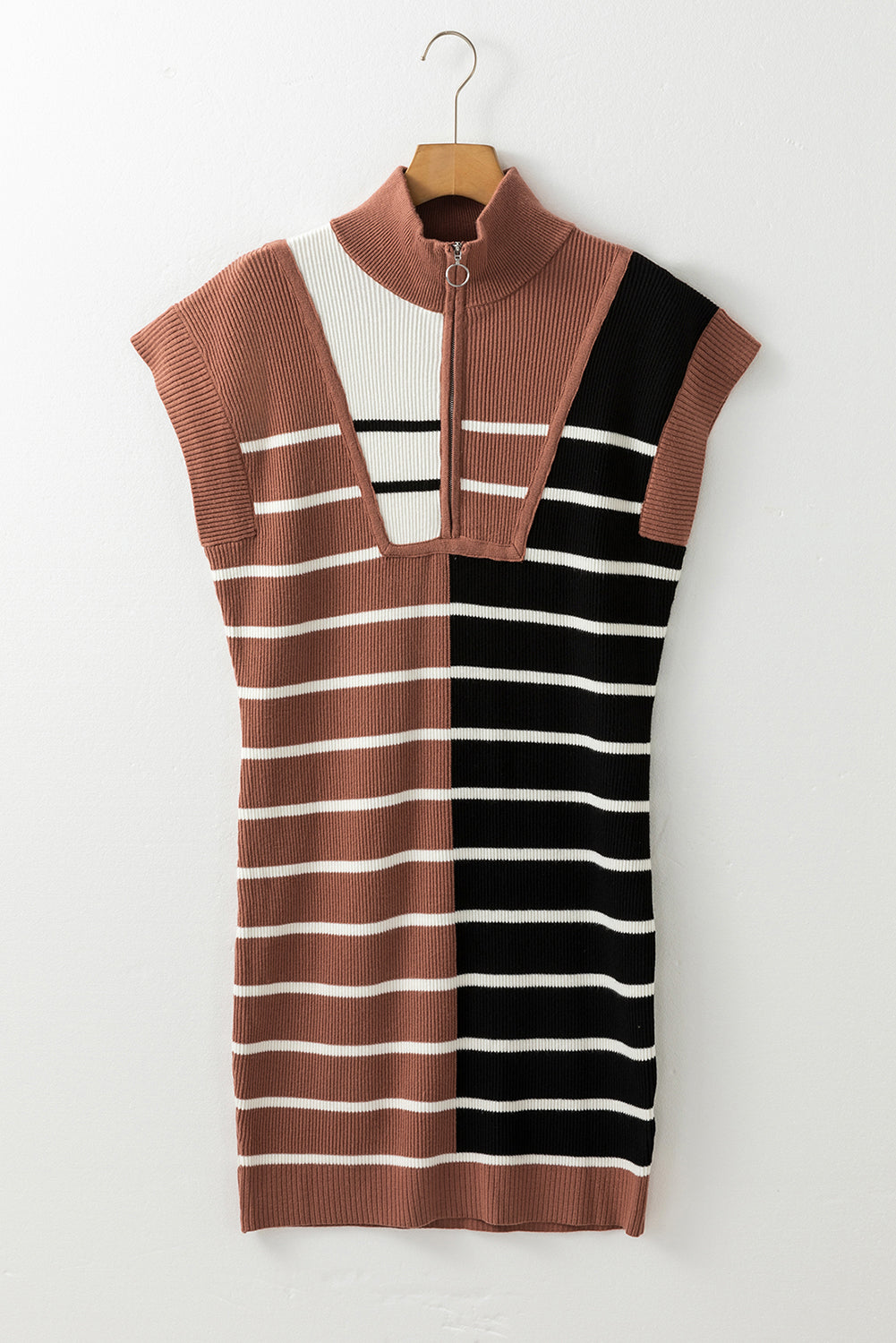 Black Stripe Color Block Quarter Zip Collar Short Sleeve Sweater Dress Dear-Lover Dropshipping