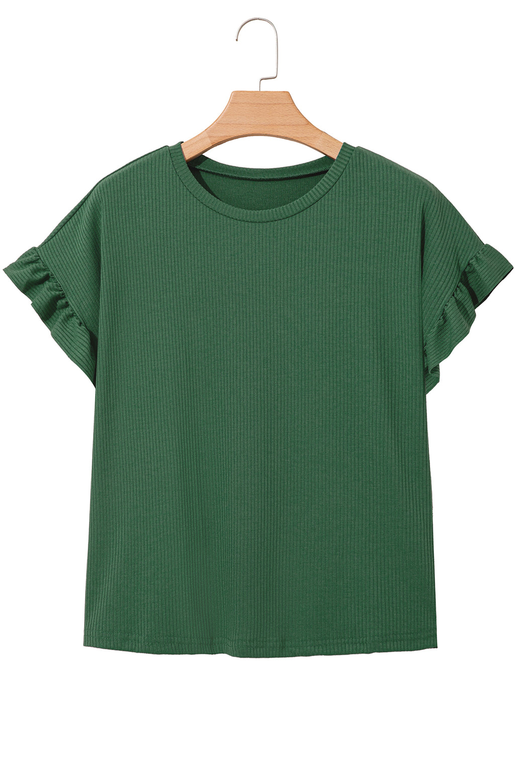 Blackish Green Solid Color Ribbed Ruffled Short Sleeve T Shirt