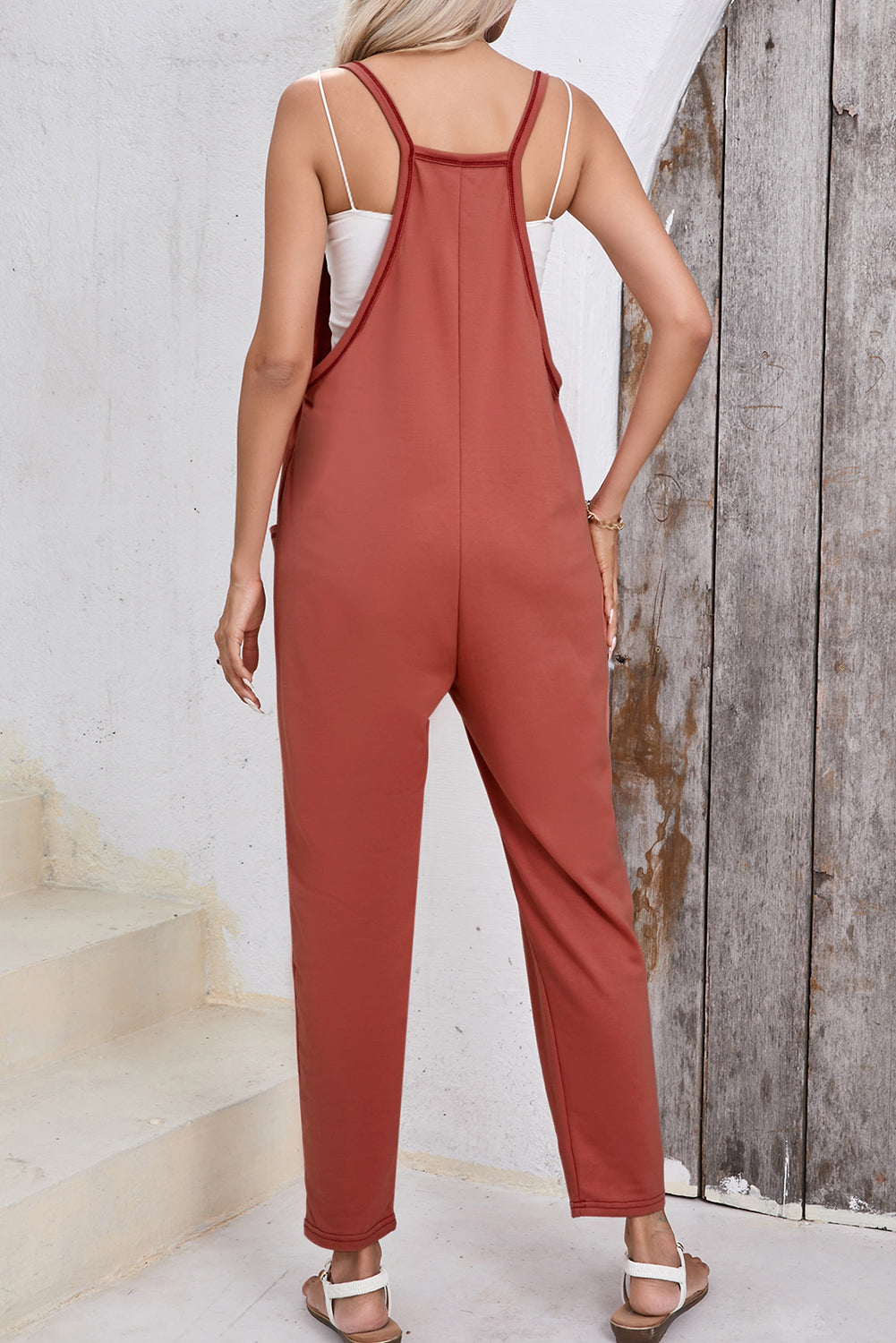 Gold Flame Side Pockets Harem Pants Sleeveless V Neck Jumpsuit Dear-Lover Dropshipping
