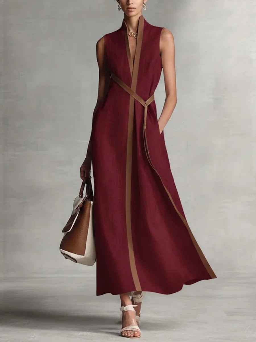 Color Block Sleeveless Stand Collar Linen Blend Dress