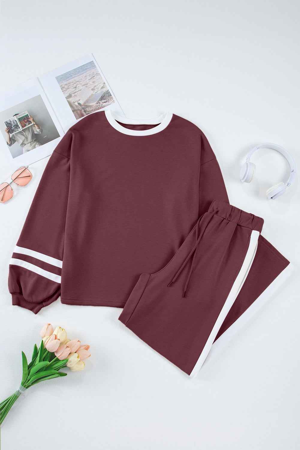 Mineral Red Varsity Stripe Patchwork Puff Sleeve Pullover Drawstring Wide Leg Pant Set