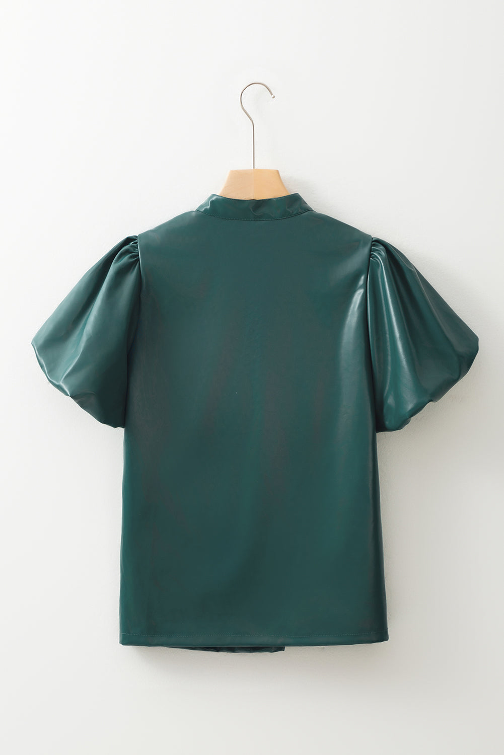 Sea Green Notched V Neck Short Puff Sleeve PU Leather Blouse Dear-Lover Dropshipping
