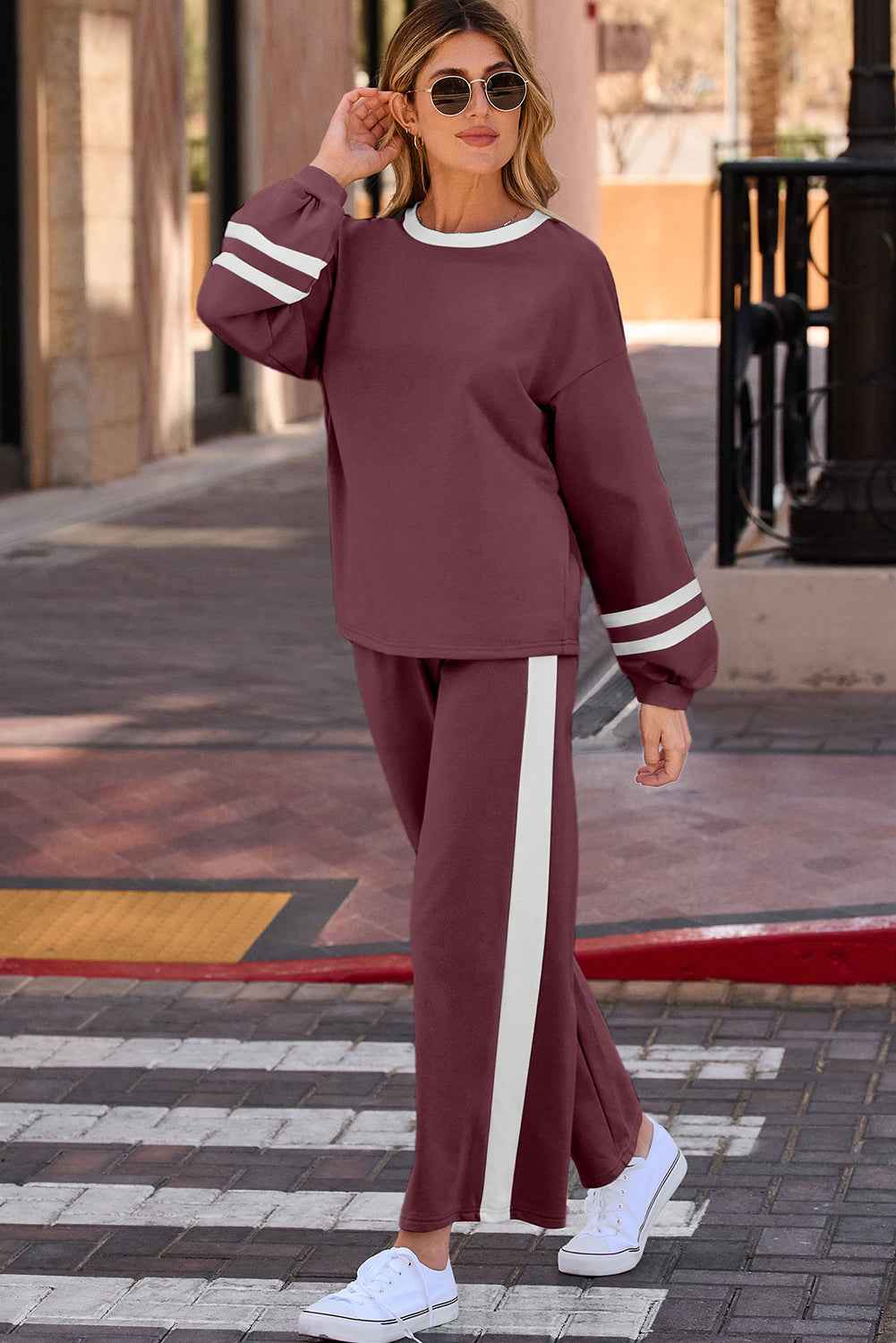 Mineral Red Varsity Stripe Patchwork Puff Sleeve Pullover Drawstring Wide Leg Pant Set