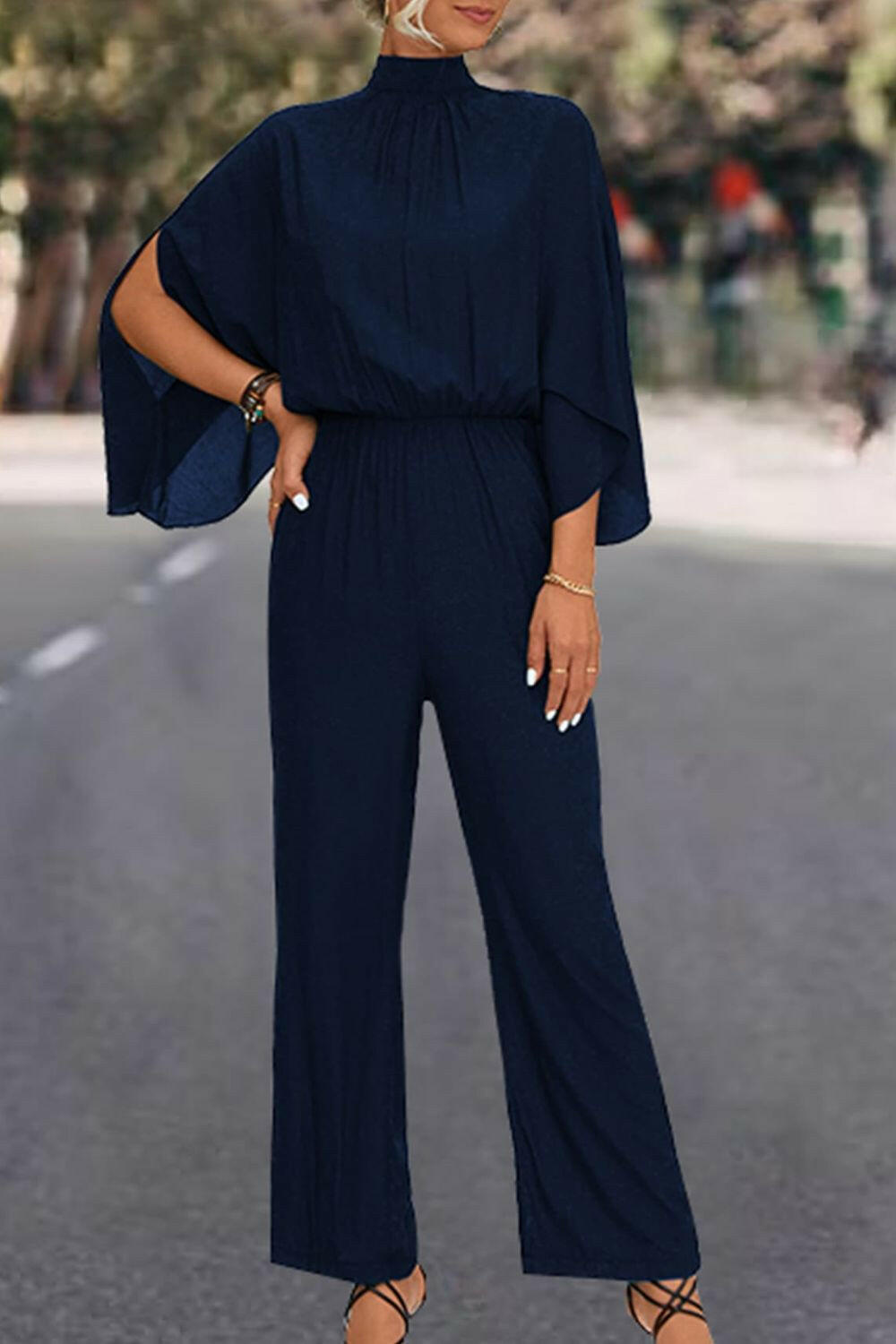 Tie Back Mock Neck Split Sleeve Jumpsuit.