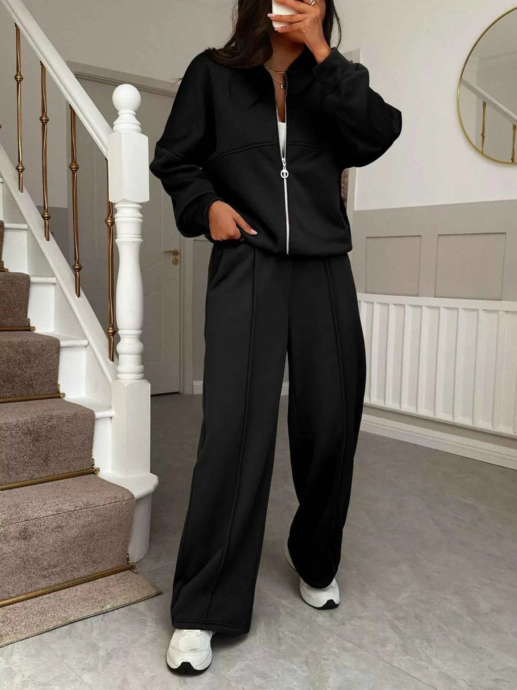 Casual Zipper Front Top and Wide Leg Pants Set