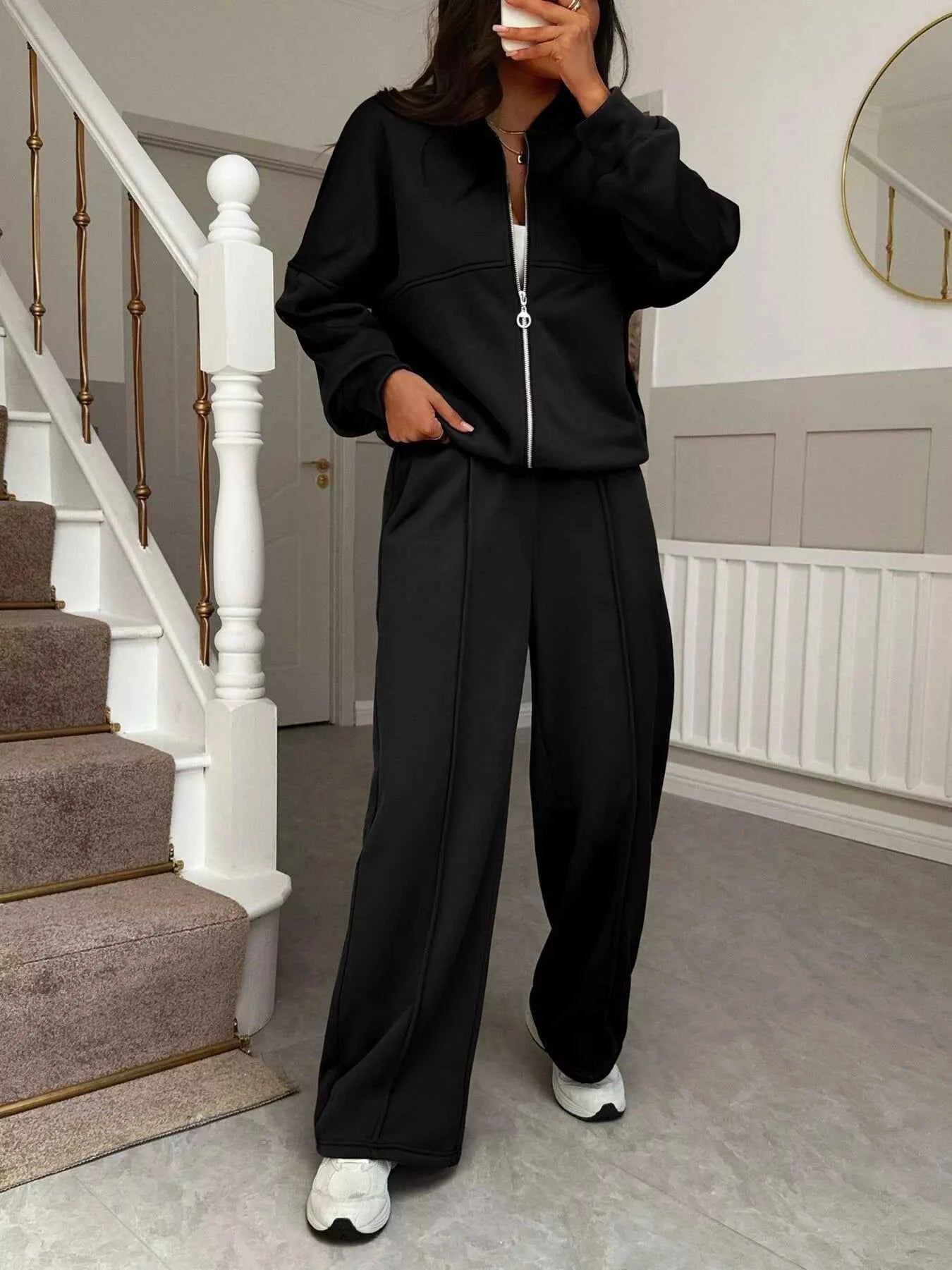 Casual Zipper Front Top and Wide Leg Pants Set
