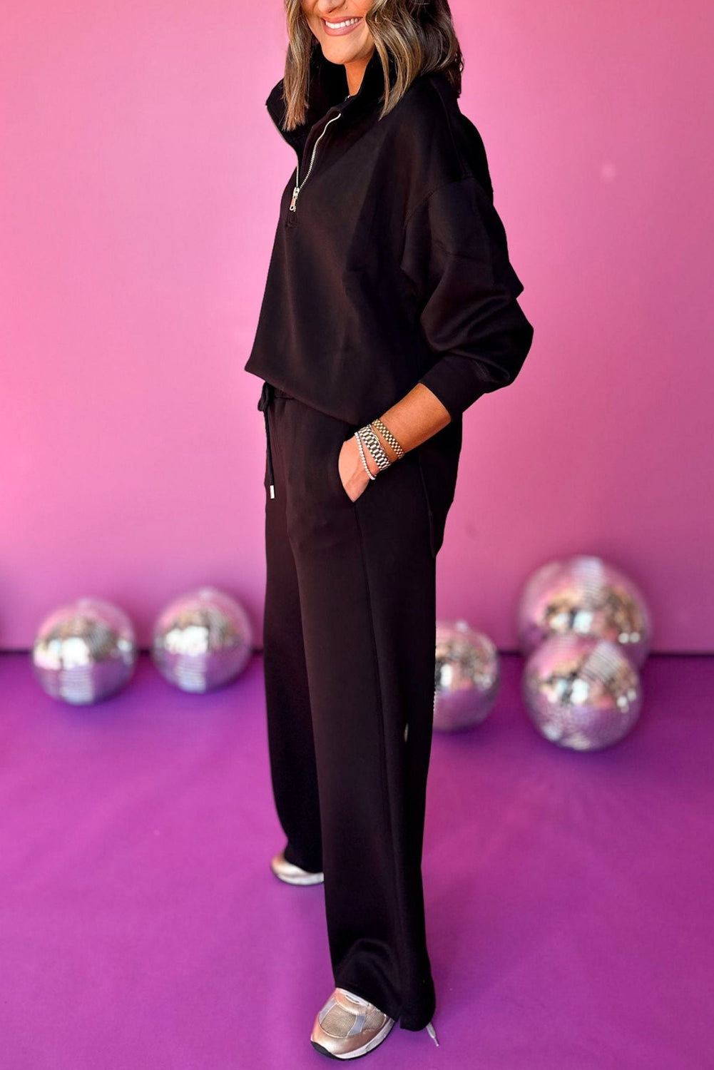 Black Zipper Stand Neck Top and Wide Leg Pants Set Dear-Lover Dropshipping