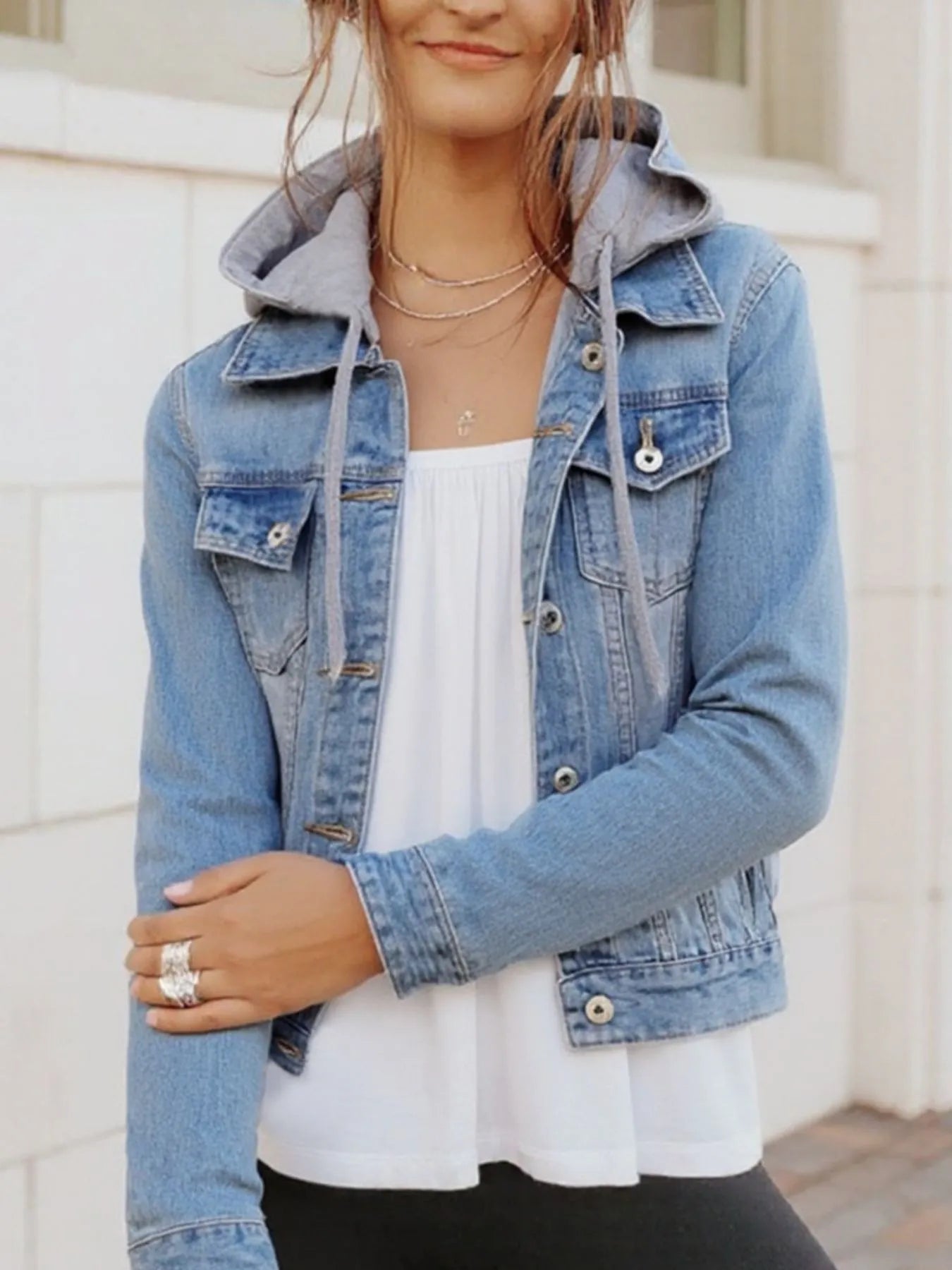 Full Size Button Up Drawstring Hooded Denim Jacket Plus Size.
